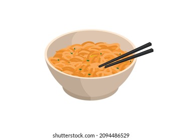 Fried noodle in a bowl with chopstick. Simple flat illustration.