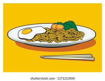 fried noodle with extra fried egg and vegetables