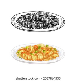 Fried noodle on plate. Vintage vector hatching color hand drawn illustration isolated on white background