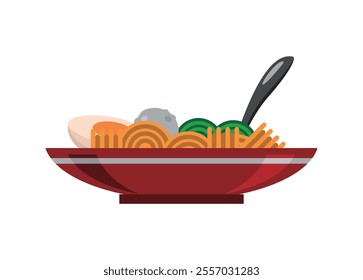 Fried noodle in a plate with egg and meatball topping. Simple flat illustration.
