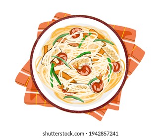 Fried Noodle with Prawns ,Squids and Vegetables on white background. Isolated dish on top of plate mat. Close-up top view seafood vector illustration.  