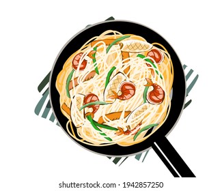 Fried Noodle with Prawns ,Squids and Vegetables in a pan. Isolated food on white background. Close up top view seafood vector illustration.  