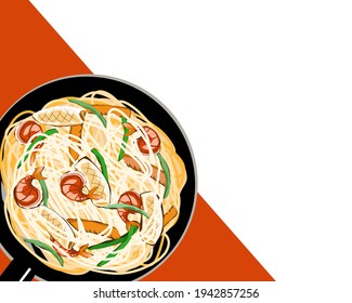 Fried Noodle with Prawns ,Squids and Vegetables in a pan. Isolated food on white background. Close up top view seafood vector illustration. 