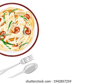 Noodle frito con gambas, calamares y verduras sobre fondo blanco. Conjunto aislado de plato, cuchara y tenedor. Cerrar la vista superior de la ilustración vectorial de mariscos.  