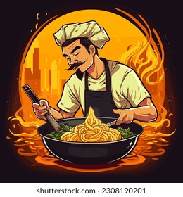 Fideos fritos cocinados por un chef asiático. La comida tradicional de la calle. Ilustración vectorial de dibujos animados. fondo aislado, etiqueta, etiqueta