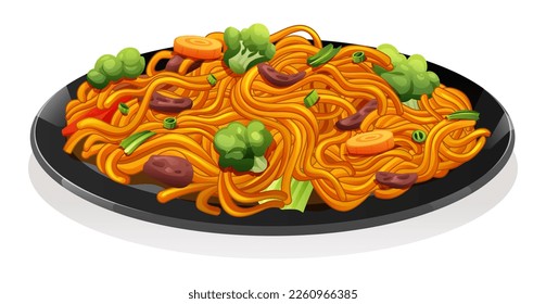 Fried noodles with meat and vegetables. Chinese food vector illustration