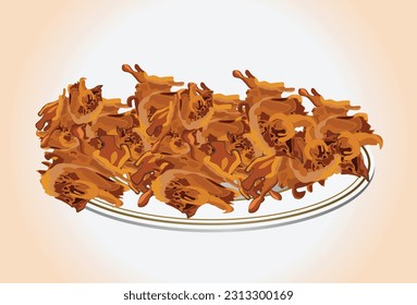 Cebolla frita pakora o Pakoda también conocida como Crispy Kanda bhaji servida con ketchup de tomate. Ilustración de vectores.