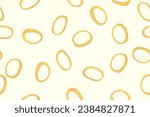 Fried onion rings seamless pattern. Unhealthy crunchy snack. Falling Pieces of Food. Roasted vegetable. Fast food. Color image, yellow shades. Vector illustration.