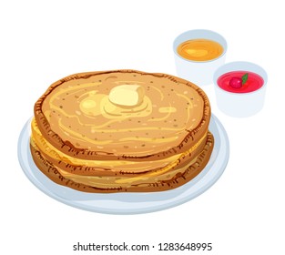 Fried pancakes, blini or crepes lying on plate with butter, jam and honey isolated on white background. Traditional meal of Russian cuisine. Delicious cooked breakfast. Colorful vector illustration.