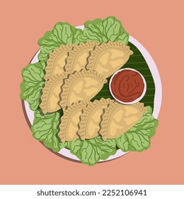 fried pastels atau pastel goreng are a kind of pastry made by placing the stuffing on top of the dough, then folded and tightly closed. Pastels can taste sweet or savory. Food illustration cartoon.