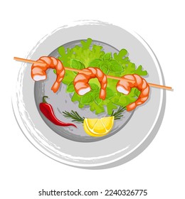 Fried peeled shrimp with a skewer. Shrimp in a plate with green pepper and lemon on a plate. Isolated on a white background, grilled shrimp.
