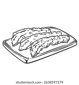 Fried phoenix claws served on a rectangular tray, drawn in engraving style. Crispy texture and skin details shown. Outline vector illustration for menu design, packaging, or food labels.