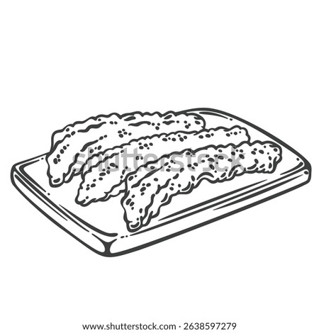 Fried phoenix claws served on a rectangular tray, drawn in engraving style. Crispy texture and skin details shown. Outline vector illustration for menu design, packaging, or food labels.