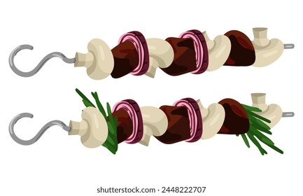 Morceaux de viande frits avec herbes, oignons et sans griller sur une brochette. Un plat de viande de porc ou de boeuf préparé, juteux et isolé. Un plat préparé pour un restaurant, un menu sur un blanc
