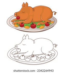 fried piglet in doodle style. coloring and color image