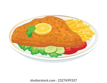 Fried pork schnitzel with french fries vector illustration. Fried steak with fries and vegetable garnish on a plate icon vector isolated on a white background. Chicken cutlet drawing svg