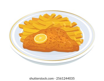 Fried pork schnitzel and french fries on a plate vector illustration. Fried steak with fries on a plate icon vector isolated on a white background. Chicken cutlet drawing