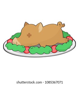 fried pork with side dish, tomatoes and lettuces cartoon object on white background, vector illustration