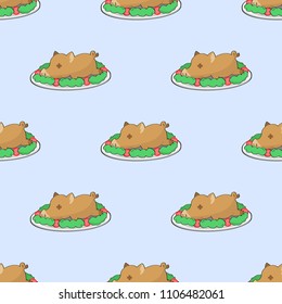fried pork with side dish, tomatoes and lettuces cartoon object seamless pattern on light blue  background, vector illustration