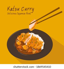 Fried Pork Tonkatsu curry rice Japanese food vector illustration on yellow background.