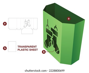 Fried potato box with stenciled Christmas sock die cut template and 3D mockup