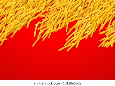 Fried potato, chips, crisps or golden french fries laying in heap illustration for tray print or poster