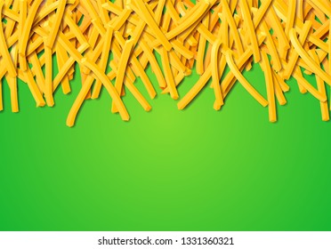 Fried potato, chips, crisps or golden french fries laying in heap illustration for tray print or poster