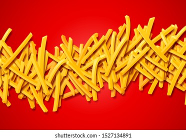 Fried potato, chips, crisps or golden french fries laying in heap illustration for tray print or poster