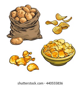 fried potato chips and fresh, vector sketch hand-drawn illustration isolated on white background set with potatoes, various fried potato chips, chips in a bag in a bowl