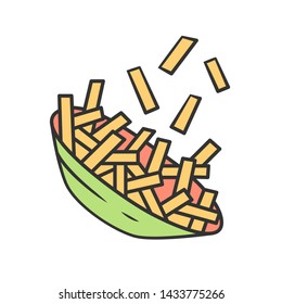 Fried potato color icon. French fries, chips in bowl. Fast food snack. Cafe, restaurant, bar menu. Delicious meal. Unhealthy nutrition. Junk food. Isolated vector illustration
