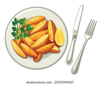 Fried potato country-style served with parsley on a white plate. Fast food. Vector illustration in eps 10. Suitable for menu, restaurant, recipe and cookbook