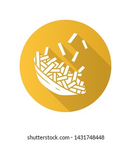 Fried potato flat design long shadow glyph icon. French fries, chips in bowl. Fast food snack. Cafe, restaurant menu. Delicious meal. Unhealthy nutrition. Junk food. Vector silhouette illustration