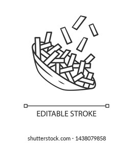 Fried potato linear icon. French fries, chips in bowl. Fast food. Cafe menu. Unhealthy nutrition. Junk food. Thin line illustration. Contour symbol. Vector isolated outline drawing. Editable stroke