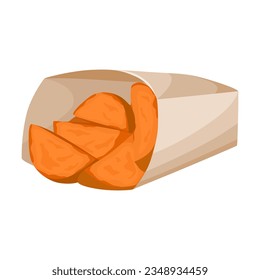 Fried potato pieces in paper bag vector illustration. Cartoon drawing of takeaway lunch isolated on white background. Fast food concept