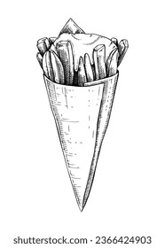 Fried potato sketch. Hand-drawn vector illustration. French fries, chips with sauce, pommes. Fast food in paper bags, unhealthy nutrition. Traditional European Christmas market junk meal