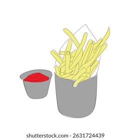 Fried potato sticks minimalist black linear isolated on white background. Vector illustration. French fries and ketchup in continuous line art drawing style. 
 Hand made vector not Al. 