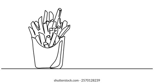 Fried potato sticks in modern single line drawing style,  in continuous line art. Vector illustration, Continuous one line drawing of french fries. Single line drawing of fast food. Silhouette of pro.