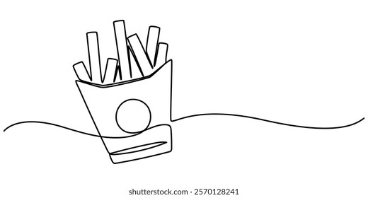 Fried potato sticks in modern single line drawing style,  in continuous line art. Vector illustration, Continuous one line drawing of french fries. Single line drawing of fast food. Silhouette of pro.