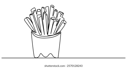 Fried potato sticks in modern single line drawing style,  in continuous line art. Vector illustration, Continuous one line drawing of french fries. Single line drawing of fast food. Silhouette of pro.