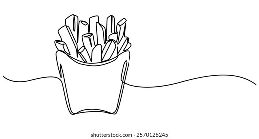 Fried potato sticks in modern single line drawing style,  in continuous line art. Vector illustration, Continuous one line drawing of french fries. Single line drawing of fast food. Silhouette of pro.