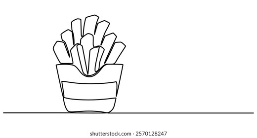 Fried potato sticks in modern single line drawing style,  in continuous line art. Vector illustration, Continuous one line drawing of french fries. Single line drawing of fast food. Silhouette of pro.