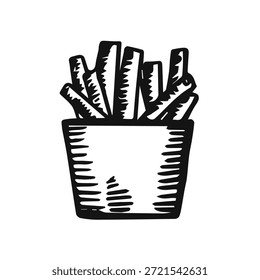 Patatas fritas en un boceto de caja