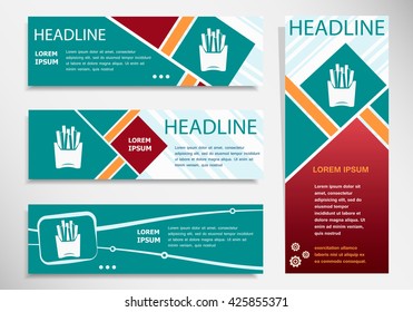 Fried potatoes icon on horizontal and vertical banner. Modern abstract flyer, banner, brochure design template.