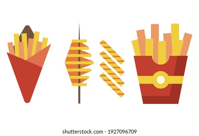 Fried potatoes icons in flat design. French fries, belgian fries, spiral potato chips on stick and crinkle-cut fries. Fast food munchies and snacks.