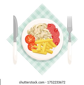 Fried potatoes with mushrooms, sausage and tomato slices on a plate top view. Hearty lunch served on a salat. Vector illustration in cartoon style. A delicious dish with french fries.