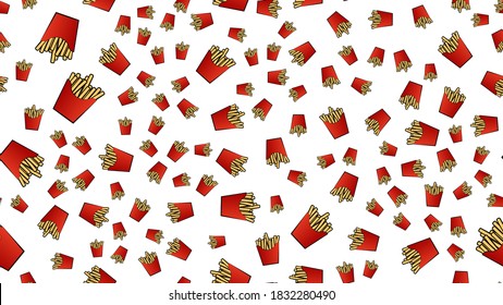 fried potatoes on white background, vector illustration, pattern. French fries in a red cardboard bag. wallpaper, home decor with painted potatoes. decoration of cafes, kitchens, places for cooking.