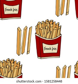Fried potatoes. Seamless pattern. hand drawn vector illustration.  french fries. doodles or cartoon style.