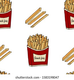 Fried potatoes. Seamless pattern. hand drawn vector illustration.  french fries. doodles or cartoon style.