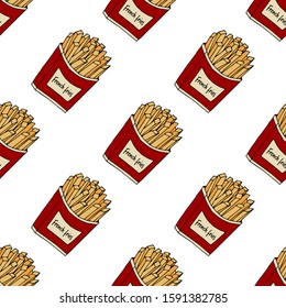 Fried potatoes. Seamless pattern. hand drawn vector illustration.  french fries. doodles or cartoon style.