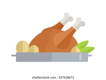 Fried poultry vector Illustration. Flat style design. Thanksgiving day. Traditional dish with vegetables and chicken, turkey, duck, goose. Picture for culinary recipes, cafe menu illustrating, icons.